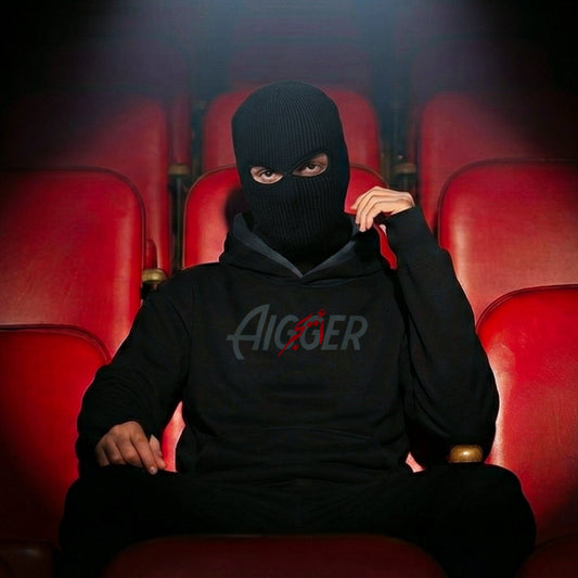 black AIGGER Double cap hoodie.