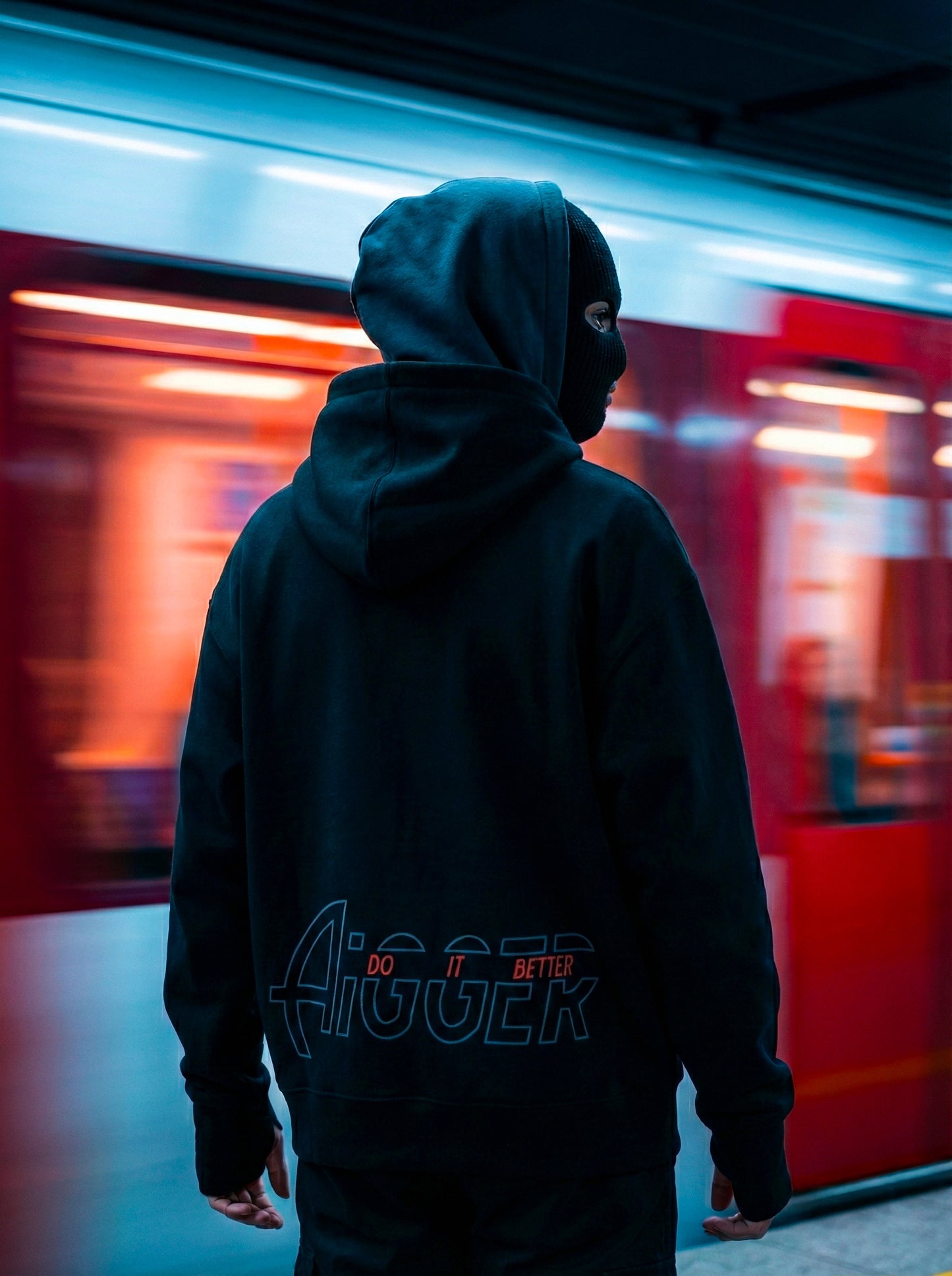 black AIGGER Double cap hoodie.
